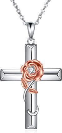 wholesale 925 Sterling Silver Cross Rose Flower Pendant Necklace with Chain for Women-Rose Flower