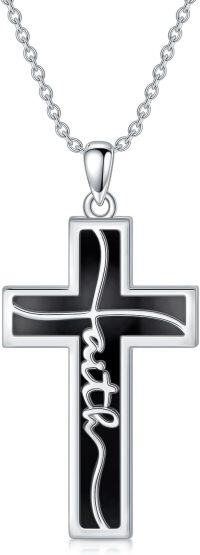 wholesale  Sterling Silver Genuine Gemstone Faith Cross Necklace for Women -D1-Natural Black Onyx