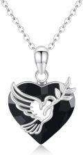 wholesale 925 Sterling Silver Heart Pendant with Black Crystal and Angel Wings Necklace for Women Girls Gift-0-0