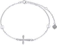wholesale 14k White Gold Sideways Cross Natural Freshwater Pearl Moissanite Bracelet-White Gold