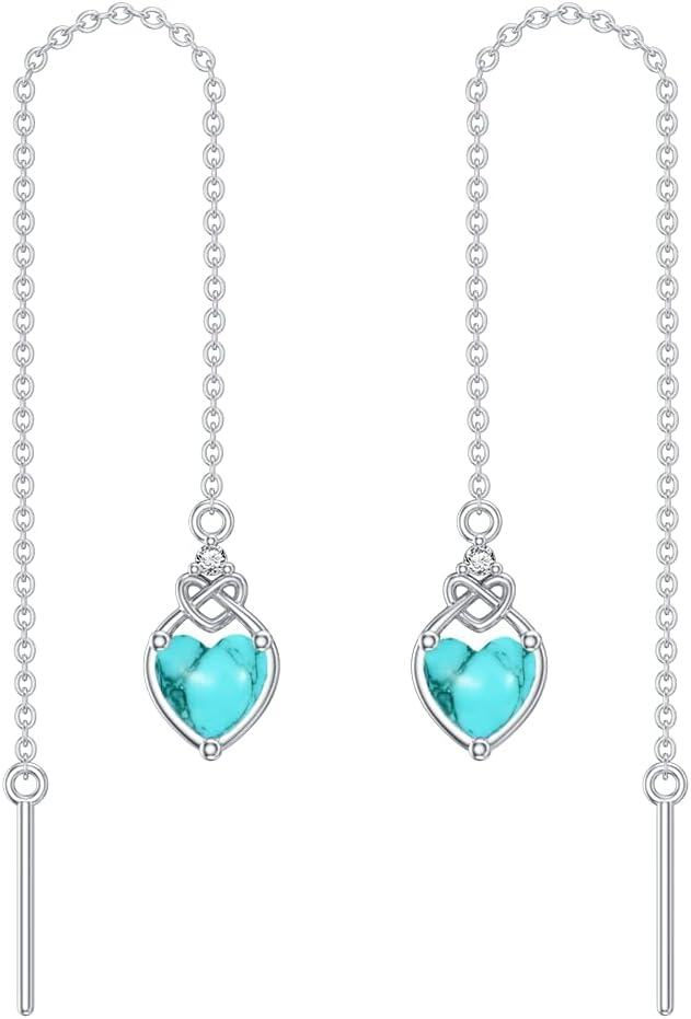Sterling Silver Celtic Knot Heart Threader Earrings w 12 Birthstones-12-Dec-Turquoise