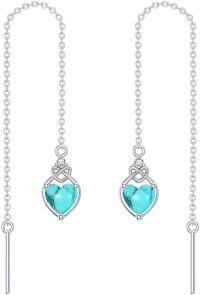 wholesale 925 Sterling Silver Celtic Knot Heart Threader Earrings w 12 Birthstones-12-Dec-Turquoise
