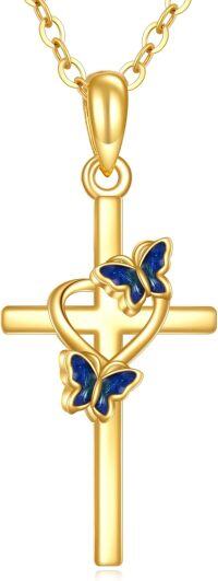 wholesale 14K Gold Cross Butterfly Pendant Necklace for Women Blue Enamel -butterfly 2