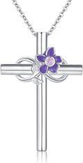 wholesale 925 Sterling Silver Purple Enamel Flower Cross Pendant Necklaces with Pink Crystal Birthstone Gifts for Women-0-0