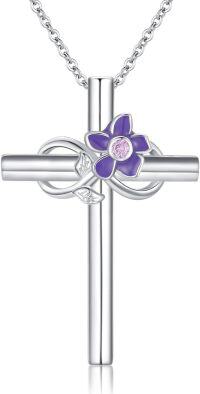 wholesale 925 Sterling Silver Purple Enamel Flower Cross Pendant Necklaces with Pink Crystal Birthstone Gifts for Women-02-Feb-Violet