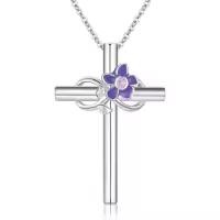 wholesale 925 Sterling Silver Purple Enamel Flower Cross Pendant Necklaces with Pink Crystal Birthstone Gifts for Women-02-Feb-Violet