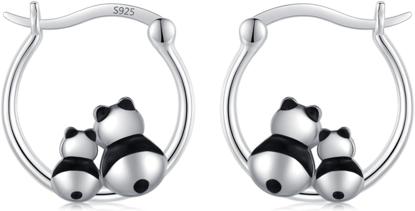  Sterling Silver Hypoallergenic Panda Unicorn Hummingbird Dolphin Huggie Hoop Earrings for Sensitive Ears -Panda(Mother&Child)