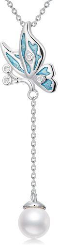 wholesale Sterling Silver & Freshwater Pearl Butterfly Necklace with Cubic Zirconia - 9mm Pearl Drop Pendant-0-0