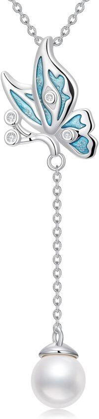 wholesale Sterling Silver & Freshwater Pearl Butterfly Necklace with Cubic Zirconia - 9mm Pearl Drop Pendant-White