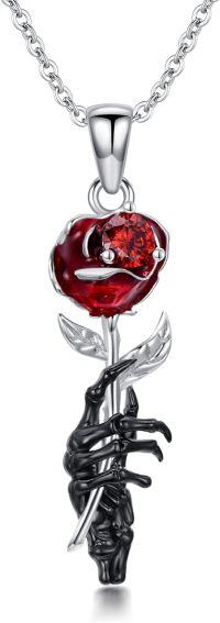 wholesale 925 Sterling Silver Red Rose Skeleton Hand Pendant Necklace Gothic Jewelry for Women Birthday Gifts-Skeleton