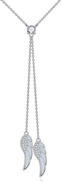 wholesale Sterling Silver Zirconia Angel Wing Necklace with Birthstone for Women-White Opal