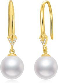 wholesale 14K Gold Freshwater Pearl & Moissanite Drop Earrings, 8mm Round Pearl, Real Solid Gold Jewelry for Women-Dangle pearl
