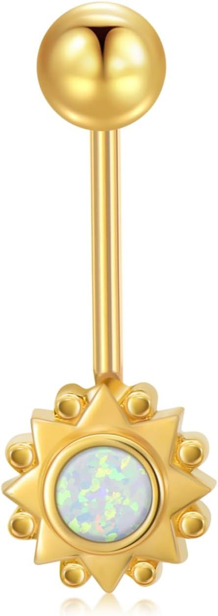 14K Gold Sun Flower Dangle Belly Button Rings 14G Body Jewelry-White Opal