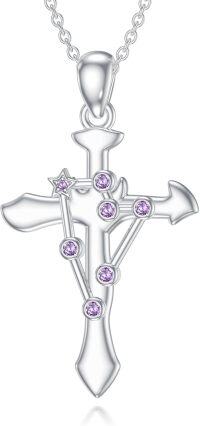 wholesale 925 Sterling Silver Purple Crystal Star and Stone Decorated Zodiac Constellation Cross Pendant Necklace-Gemini