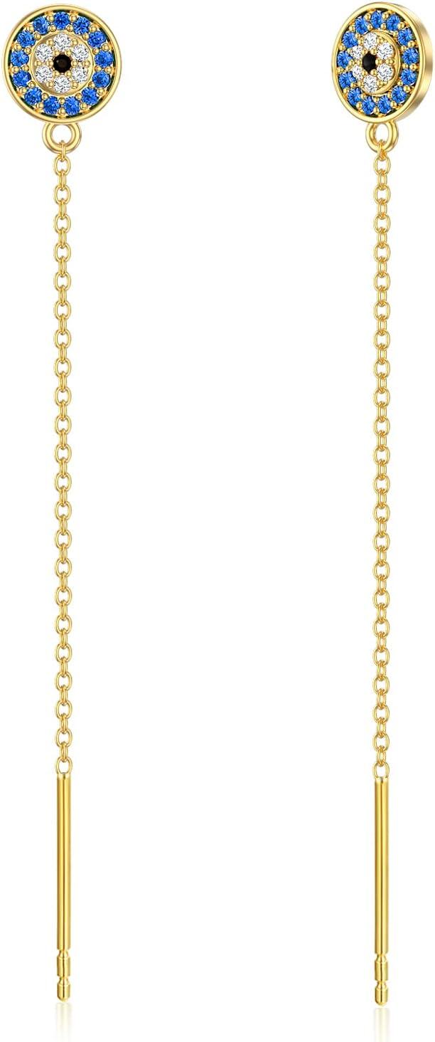 wholesale 14K Gold Blue Crystal Evil Eye Long Chain Drop Earrings for Women-0-0