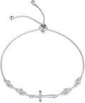 wholesale 925 Sterling Silver Adjustable Sideways Cross Charm Bracelet with Cubic Zirconia Stones for Women and Girls Religious s-0-0