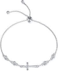 wholesale 925 Sterling Silver Adjustable Sideways Cross Charm Bracelet with Cubic Zirconia Stones for Women and Girls Religious s-Simple cross bracelets