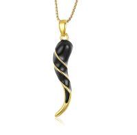 wholesale Gold Plated 925 Sterling Silver Black Onyx Twisted Horn Necklace for Women and Men-02-Gold-black italian horn