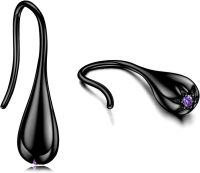wholesale Black 925 Sterling Silver Tear Drop Dangle Earrings with Purple Crystal Gift for Women-black teardrop earrings