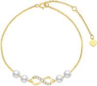 wholesale 10K Gold Infinity & Pearls Ankle Anklet with Moissanites and White Freshwater Cultured Pearls - Adjustable Length (7-8 inches)-10K Yellow Gold