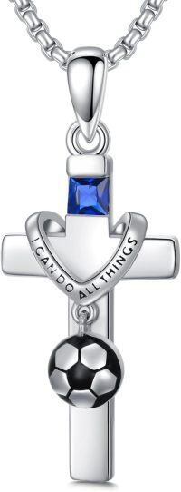 wholesale 925 Sterling Silver 925 Soccer Ball Cross Necklace with Blue Stone & I Can Do All Things Pendant-09-Soccer Necklace-Personalized Birthstone-03-Cross Soccer Necklace