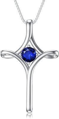 wholesale  Sterling Silver Birthstone Cross Necklace for Women Fine Jewelry Gift -09-Sapphire-September