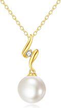 wholesale 14K Gold 3D Wave Design White Freshwater Pearl & Cubic Zirconia Pendant Necklaces for Women (Length: Adjustable)-0-0