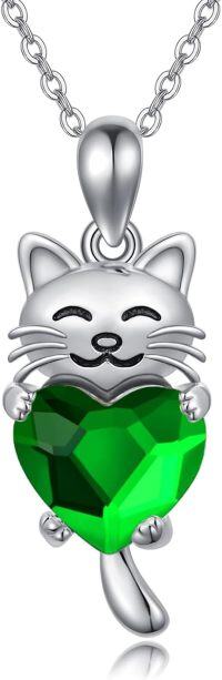 wholesale 925 Sterling Silver Green Heart Crystal Cat Pendant Necklace for Women-A01-Green Crystal