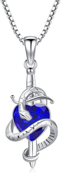 wholesale 925 Sterling Silver Birthstone Snake Sword Pendant Necklace for Women-925 Silver#09-September-Sapphire