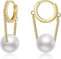 wholesale 925 Sterling Silver Plated Gold Chain White Freshwater Cultured Pearl Hoop Dangle Earrings-0-0
