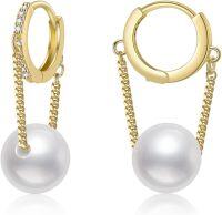 wholesale 925 Sterling Silver Plated Gold Chain White Freshwater Cultured Pearl Hoop Dangle Earrings-Gold