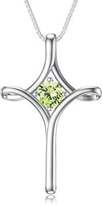 wholesale  Sterling Silver Birthstone Cross Necklace for Women Fine Jewelry Gift -08-Peridot-August