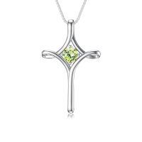 wholesale 925 Sterling Silver Birthstone Cross Necklace for Women Fine Jewelry Gift-08-Peridot-August