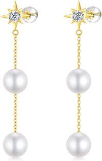 wholesale 14K Gold Freshwater Pearl Star Drop Earrings for Women-14k Yellow Gold