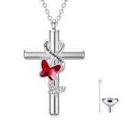 wholesale 925 Sterling Silver Butterfly Cross Keepsake Pendant Urn Necklace with Funnel Set-A_Red Butterfly Urn Necklace Non-personalized