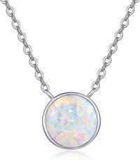 wholesale 925 Sterling Silver Synthetic Opal Round Pendant Necklace with 18+2 Chain-White Gold & White Opal
