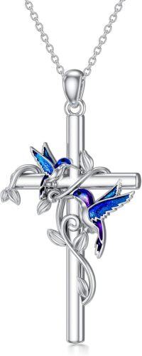 wholesale 925 Sterling Silver Cross Pendant Necklace w/ Blue Hummingbirds & Purple Butterflies - Christian  for Her-Silver