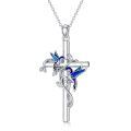 wholesale 925 Sterling Silver Cross Pendant Necklace w/ Blue Hummingbirds & Purple Butterflies - Christian  for Her-0-0