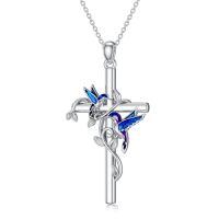 wholesale 925 Sterling Silver Cross Pendant Necklace w/ Blue Hummingbirds & Purple Butterflies - Christian  for Her-Silver