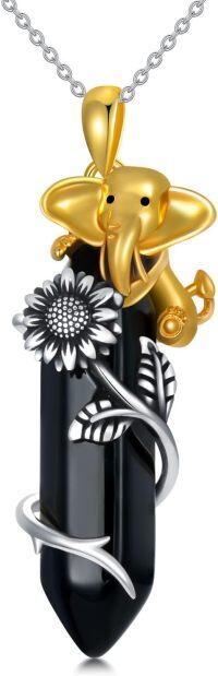 wholesale 925 Sterling Silver Black Onyx Sunflower Elephant Pendant Necklaces for Women and Men - Reiki Healing Energy  48cm Chain Length-Obsidian