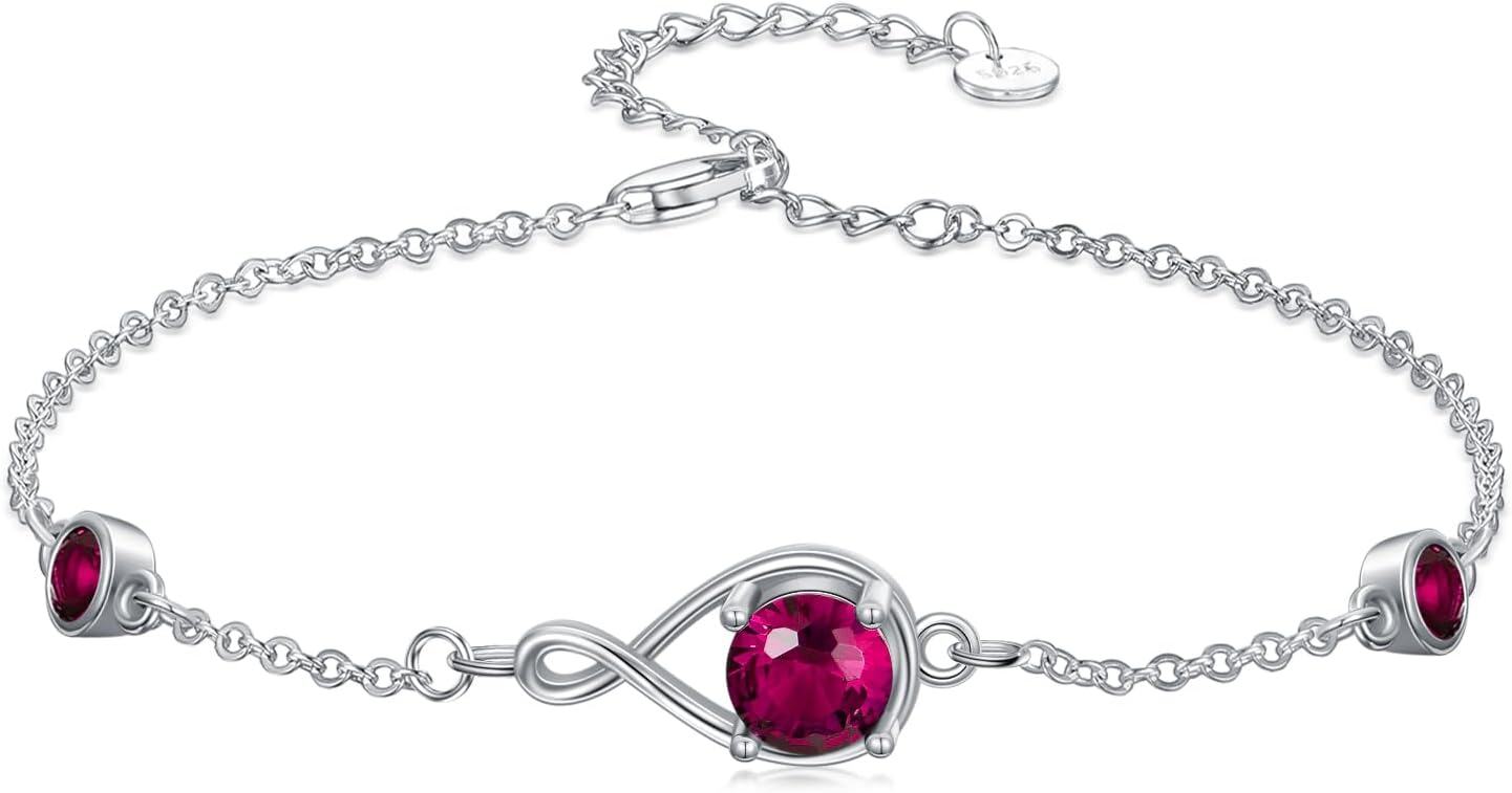  Sterling Silver Infinity Birthstone Link Bracelet for Women Adjustable 7 +2 Chain Gift -07-Jul-Ruby