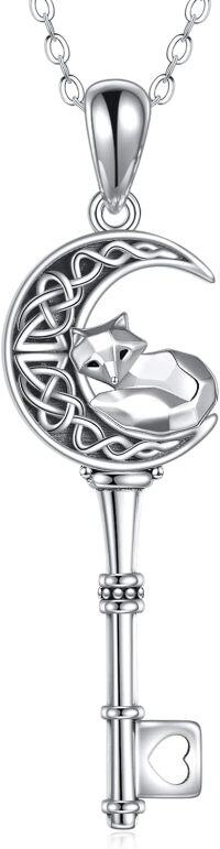 wholesale 925 Sterling Silver Key Pendant with Crystal Fox and Crescent Moon Design - Mother's Day Gift for Her-Key Fox