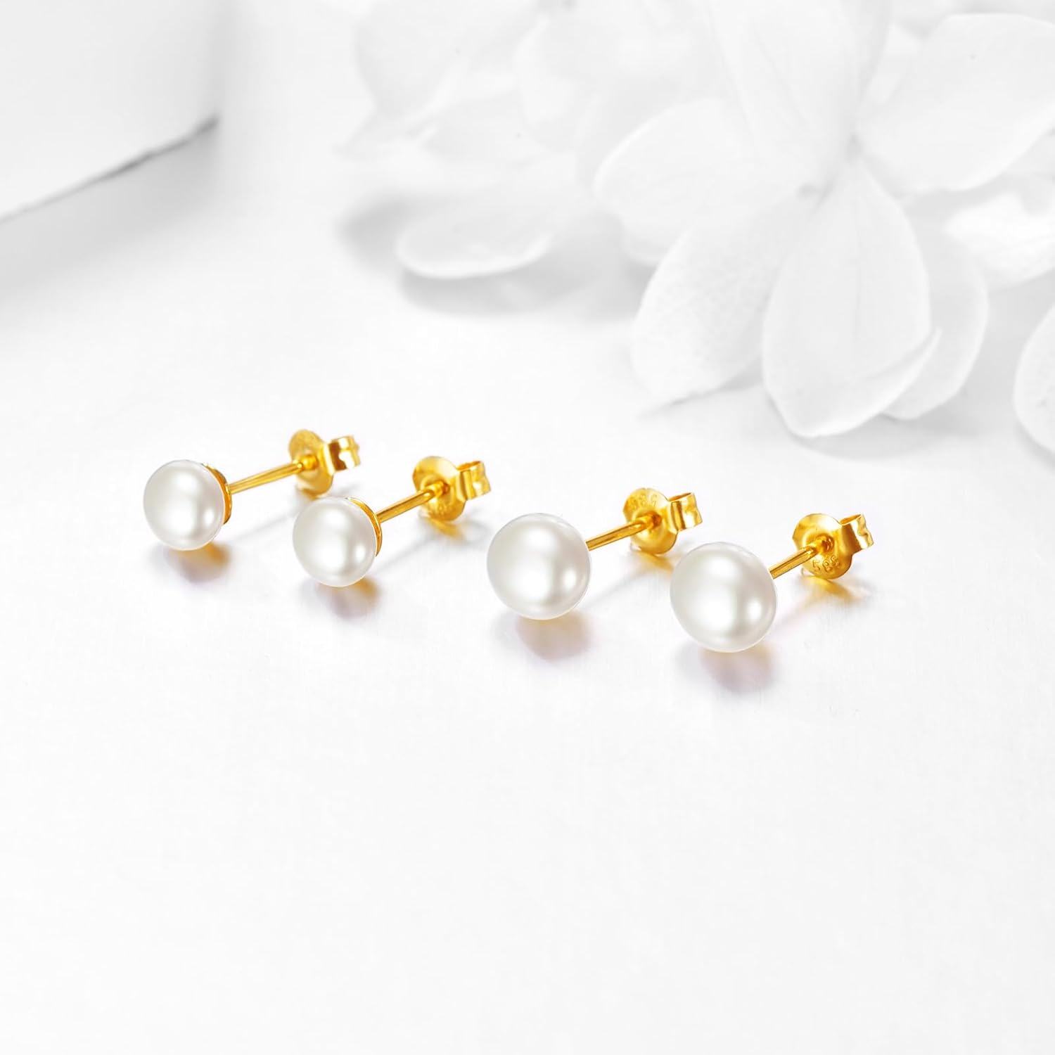 14K Gold Pearl Stud Earrings Flat Back Post Jewelry for Women-0-3