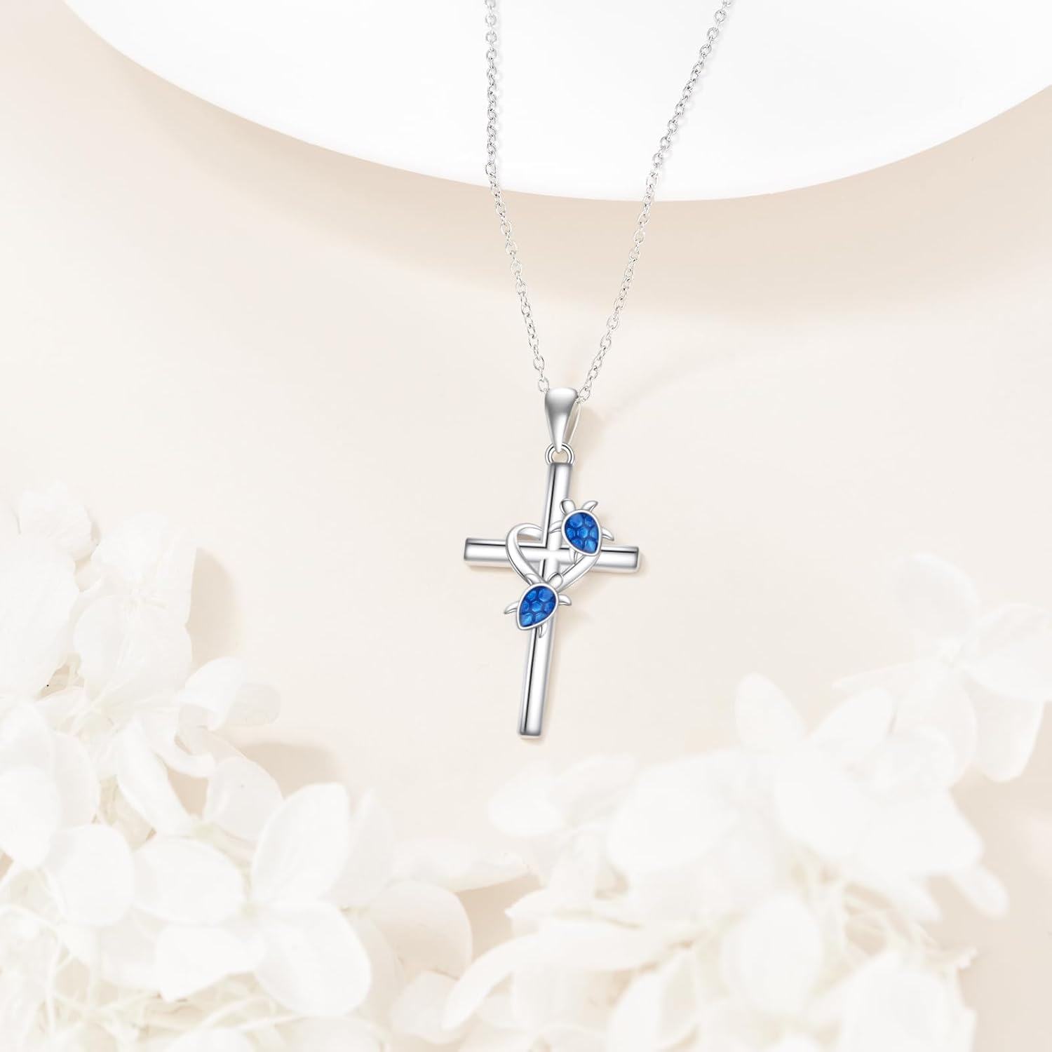 925 Sterling Silver Turtle Cross Pendant Necklace with Blue Enamel Accents for Women and Men-0-4