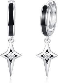 wholesale 925 Sterling Silver Black Enamel and Cubic Zirconia Star Drop Huggies for Women & Men-Silver