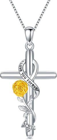 wholesale 925 Sterling Silver Yellow Rose Flower Infinity Cross Pendant Necklaces for Women Girls Christian Religious Gifts-Marigold