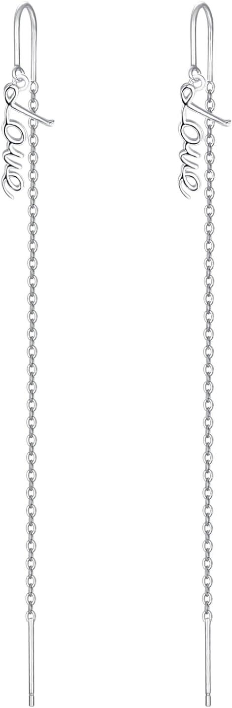 925 Sterling Silver Threader Earrings with Love Charm and Chain Drops for Women Girls-0-0