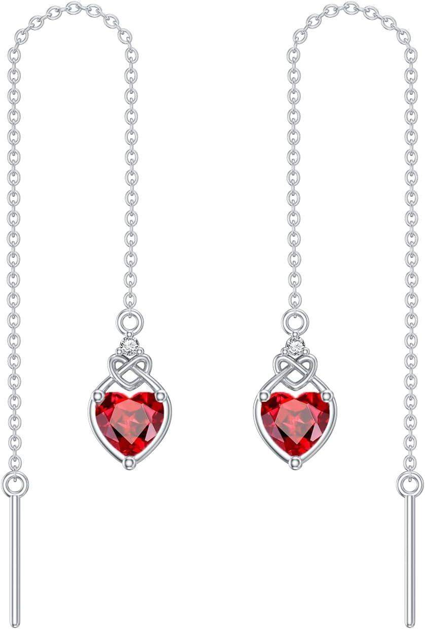 Sterling Silver Celtic Knot Heart Threader Earrings w 12 Birthstones-1-Jan-Garnet Red