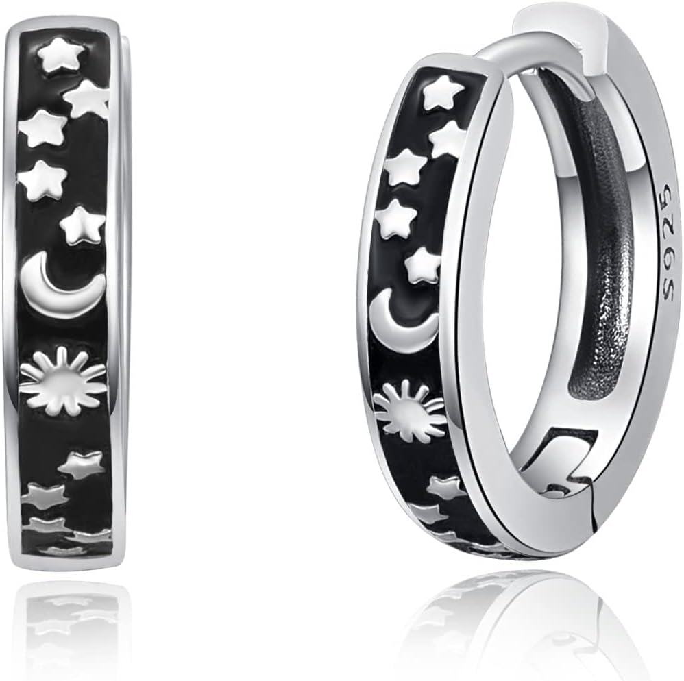 Sterling Silver Celestial Star Moon Earrings for Men Women Small Hoop Huggie Jewelry-0-1