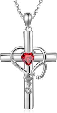 wholesale 925 Sterling Silver Metal Stone Stethoscope Cross Pendant Necklace for Nurse Doctor Graduation Gift-January-Garnet